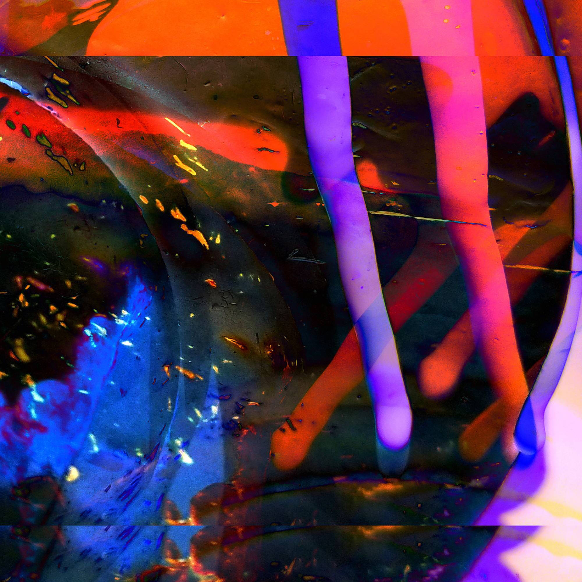 Colorful digital image of different shapes in shadpes of purple, red and black.